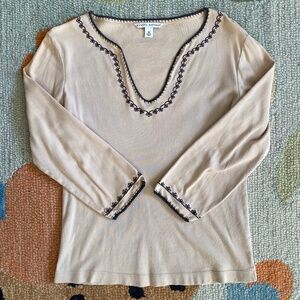Y2K I Banana Republic I Tan Embroidered Cotton V-Neck Top I Made In India
